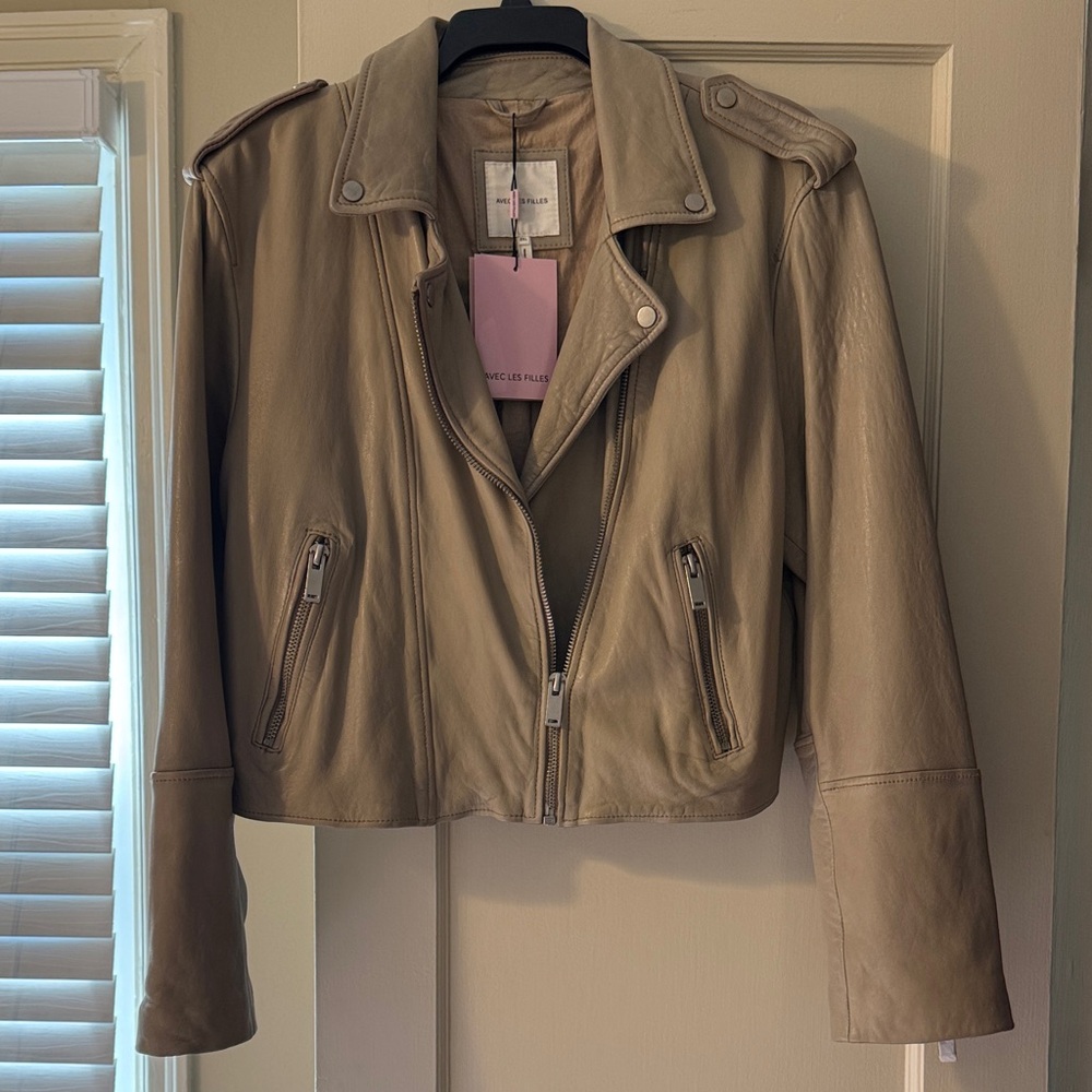 Avec Les Filles Cream Leather Bomber Jacket NWT